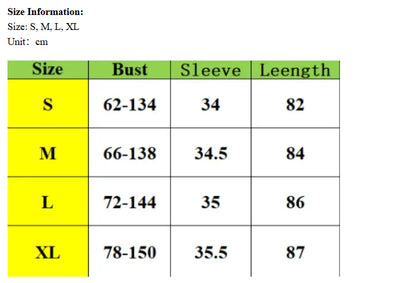 Size chart for clothing with bust, sleeve, and length measurements in centimeters.