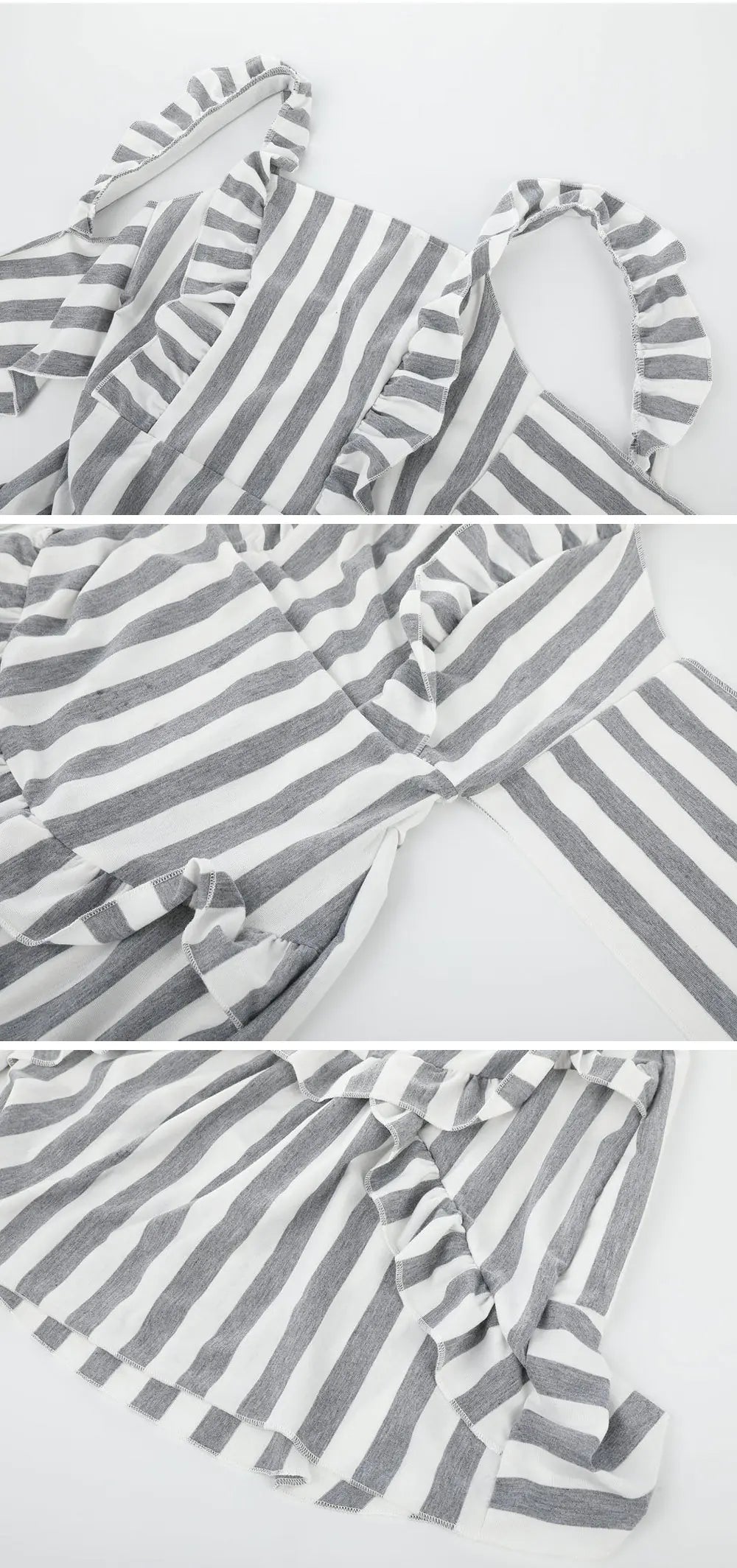 Gray and white striped dress with ruffled sleeves on a light gray background