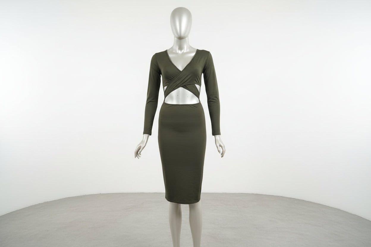 Mannequin wearing a green dress with cut-out design on a white background