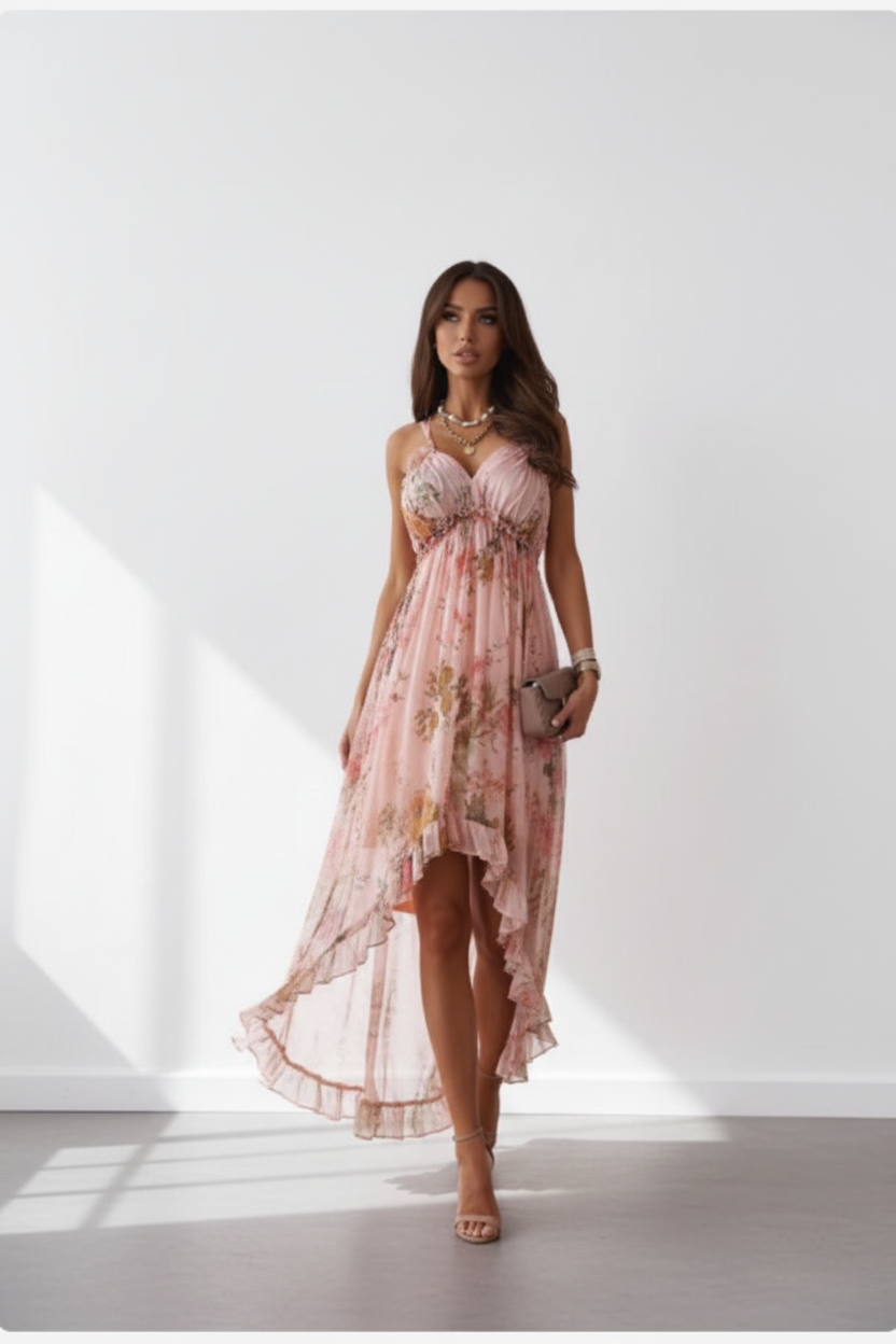 Woman wearing a pink floral dress