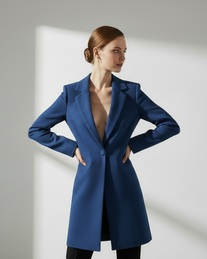 Woman wearing a blue coat against a plain background