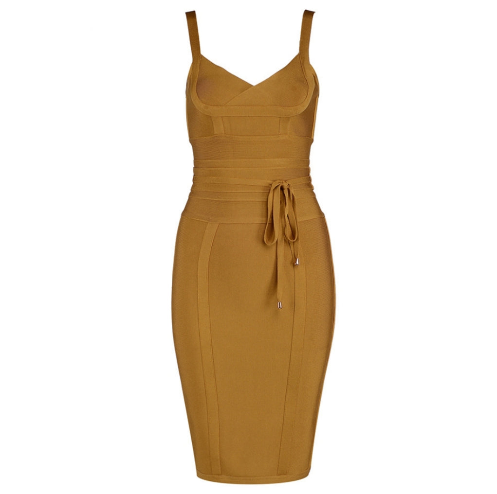 Mustard yellow dress with thin straps on a white background