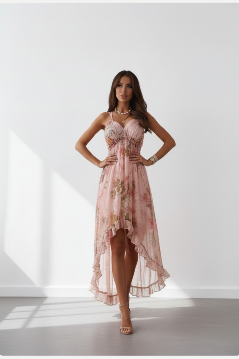Woman wearing a pink floral light chiffon dress