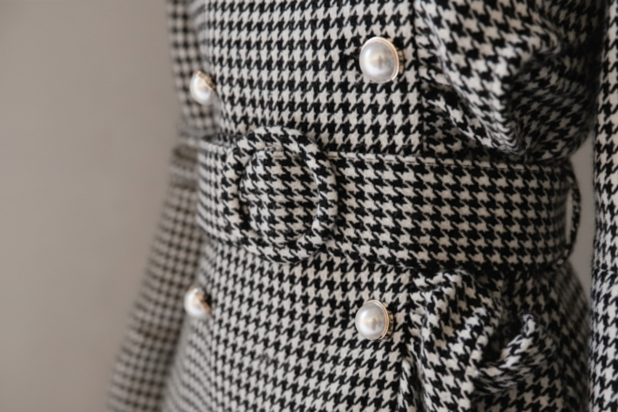Close-up of a houndstooth patterned coat with pearl buttons on a neutral background