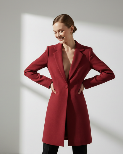 Woman wearing a red coat against a plain background