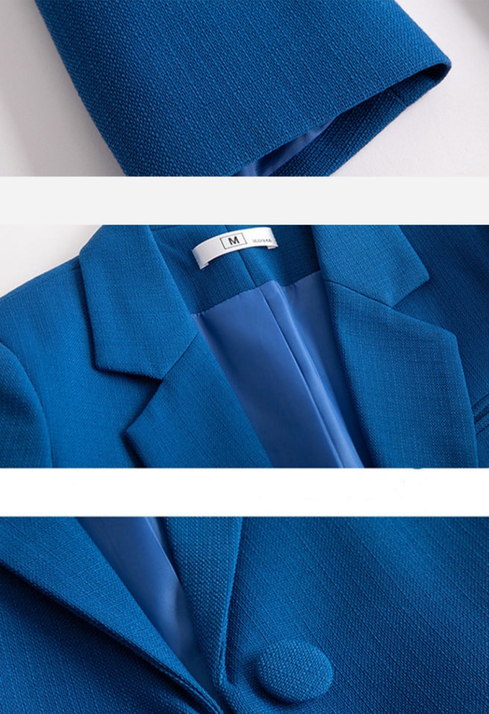 Close-up of a blue blazer with a focus on texture and design details.