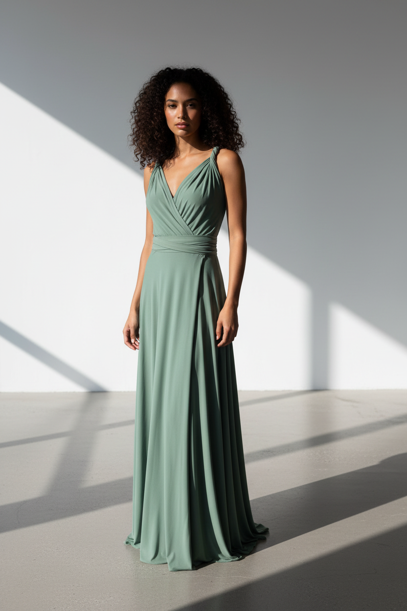 Woman wearing a green dress standing in a well-lit room with shadows on the floor.