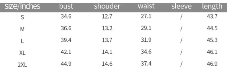 Measurement chart for clothing sizes with bust, shoulder, waist, sleeve, and length dimensions.