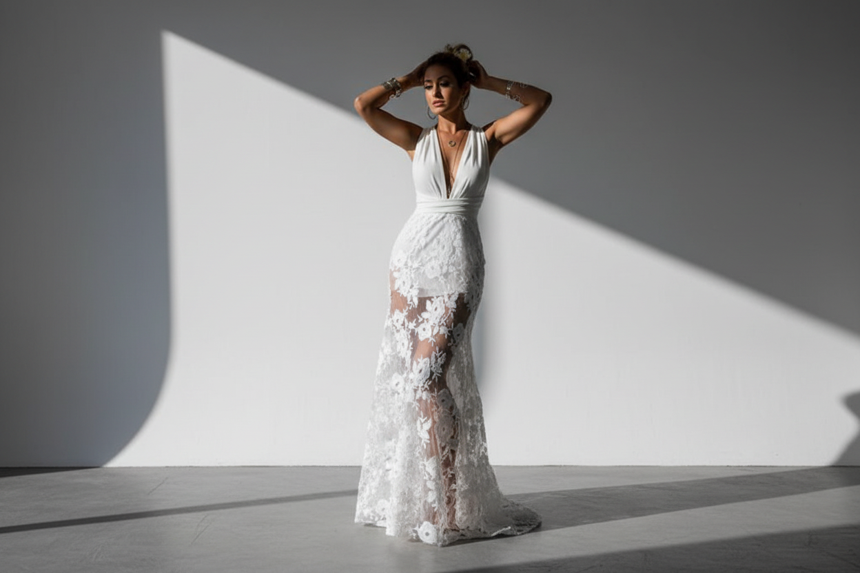 Woman in a white wedding dress standing against a white wall with shadows.