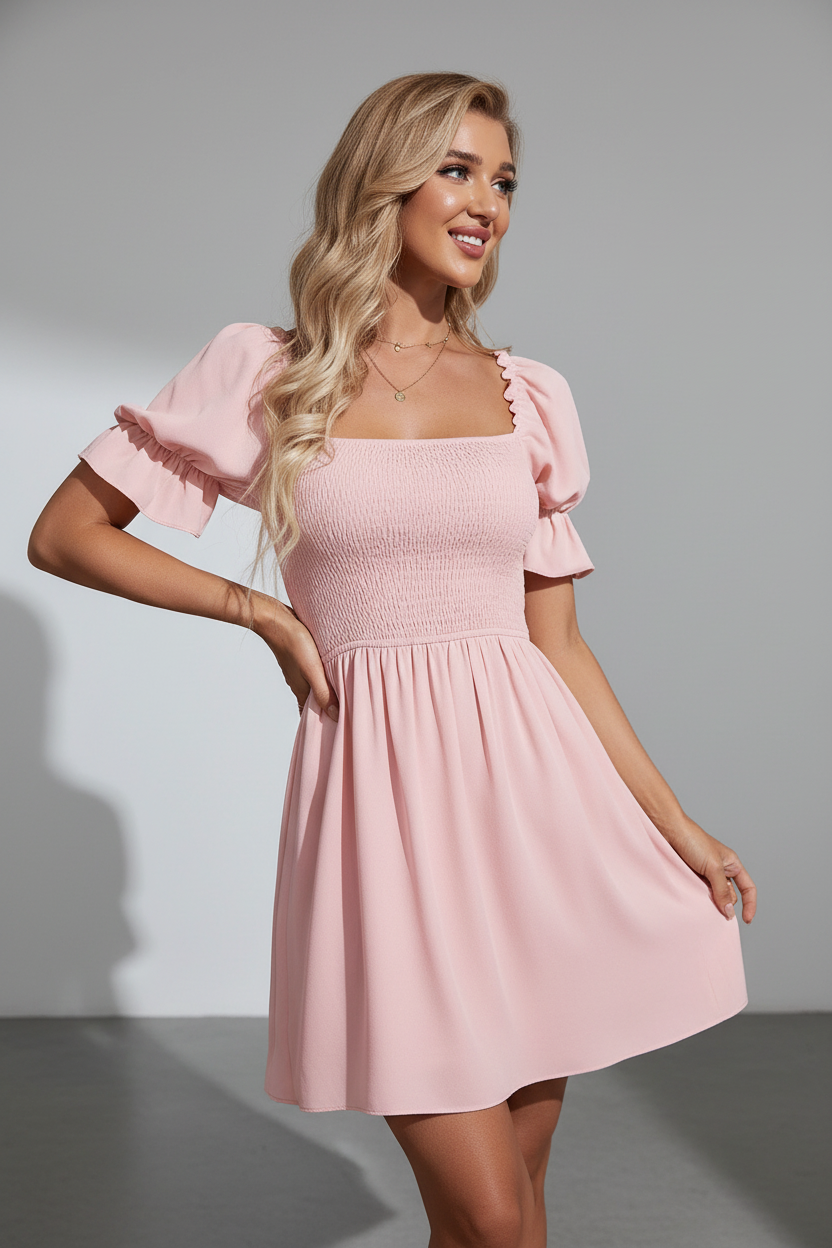 Woman wearing a pink dress with ruffled sleeves against a gray background