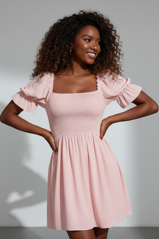 Woman wearing a pink square neck dress with ruffled sleeves against a gray background
