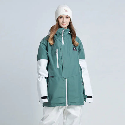 Person wearing a green and white jacket with a plain background